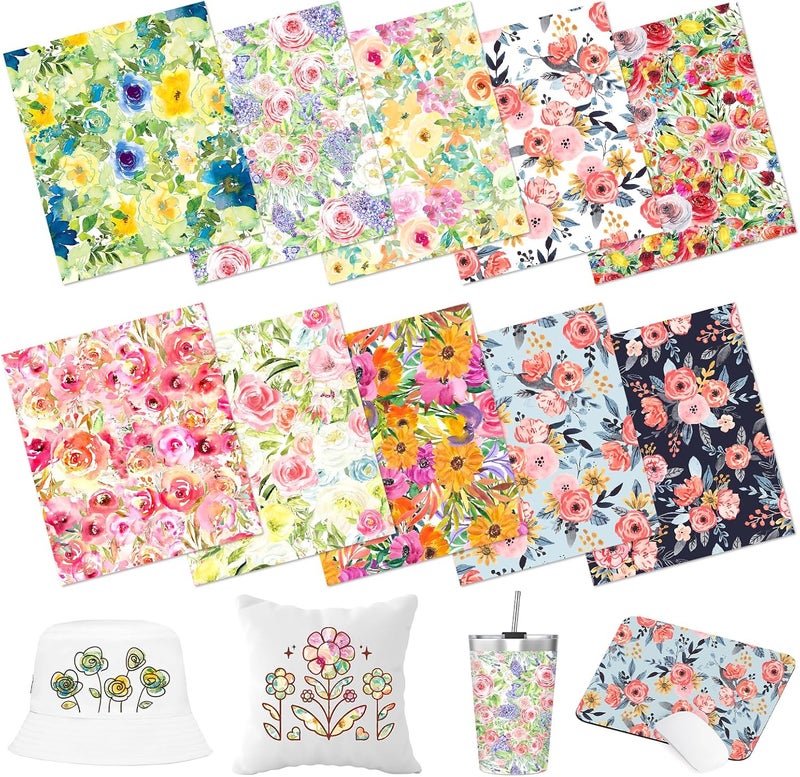 HTVSTD Floral Sublimation Transfer Ink Paper 10 Sheets 12'' x 10''Watercolor Sublimation Paper Flower Transfer Sheets for Mugs Tumblers DIY - Image 1